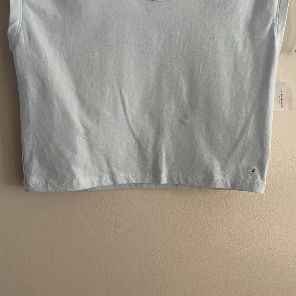 American Eagle Women S Light Blue Y2K Scoop Neck Cropped Cinch Shoulder Tee NWT - Picture 4 of 11